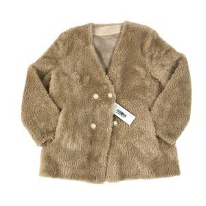 Australian Wool V Neck Fur Coat Women L Brown Soft Cozy Unique Boho Elegant NWT